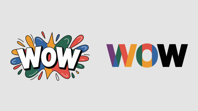 the image displays the word wow in a colorful dynamic explosion design alongside a simpler gradient version of the same word high quality professional detailed modern - Powered by Adobe
