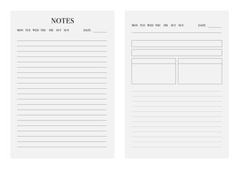 Minimalist Weekly Notes Planner Template with Lined Pages and Structured Sections, Black and White Printable Layout for Journal, Notebook, Study and Work Planning
