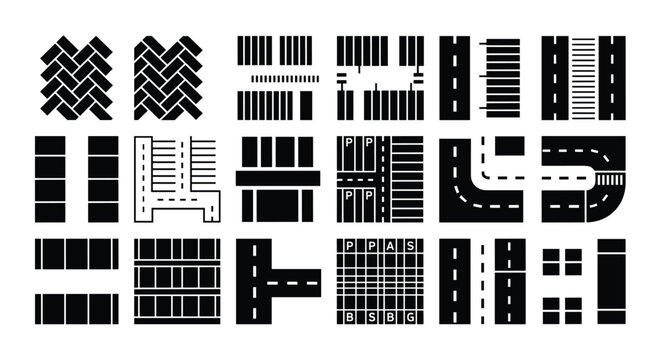 Top-down view icon set of various road and parking lot layouts, including different markings, intersections, and paving patterns in black.