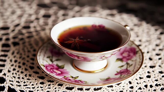 Elegant Vintage Tea Cup Filled with Dark Brewed Tea on a Doily.