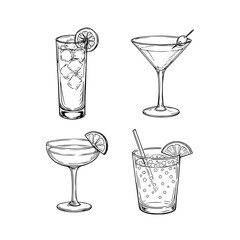Hand Drawn Cocktail Glasses Sketch Set Vector Illustration Isolated on White