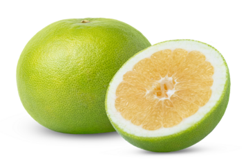 Grapefruit sweetie with half of grapefruit sweetie with clipping path. Ripe citrus sweetie, pomelit, pomelo, oroblanco fruits and half isolated on white background.