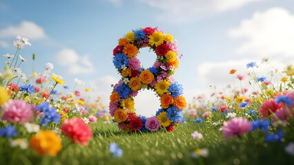 International womens day celebration with colorful flowers and number 8 symbol