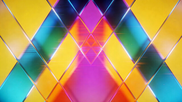 Vibrant abstract digital art with symmetrical geometric diamonds in glowing neon colors—yellow, orange, pink, purple, blue, and teal—creating a futuristic kaleidoscopic tunnel effect - Powered by Adobe