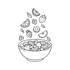 Vector sketch of summer salad.Fruit salad ingredients in the air. Kiwi,cherry,strawberry,peach and blueberry in glass bowl