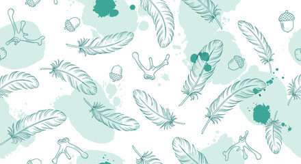 Fototapeta premium Delicate sketched feathers with soft aqua watercolor splashes on a white background.