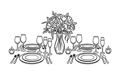 Elegant Table Setting with Flowers Line Art vector Illustration