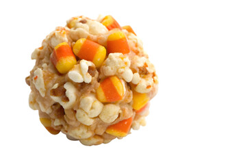Rice krispie treat ball with candy corn on white background for Halloween