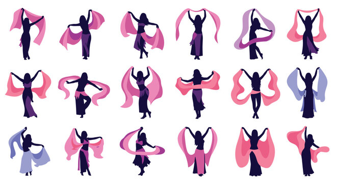 Exotic collection of belly dancer silhouettes in various poses, holding and moving with colorful veils, showcasing the graceful art form.