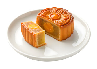 Traditional Chinese mooncake with salted egg yolk filling on white plate