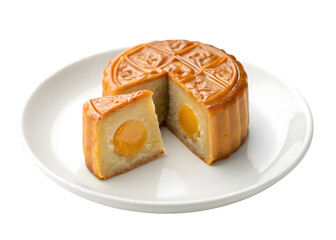 Traditional Chinese mooncake with egg yolk filling on white plate