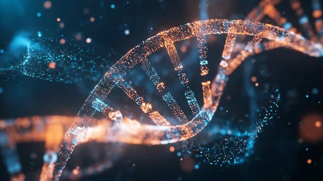 Glowing DNA double helix rotating with abstract blue and orange particles, representing genetic science and medical innovation