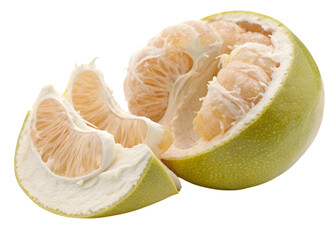 Fresh green pomelo fruit cut open showing juicy segments and pulp
