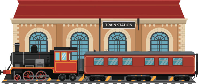 Vintage steam locomotive and passenger train at station vector illustration, old railway transportation and travel design