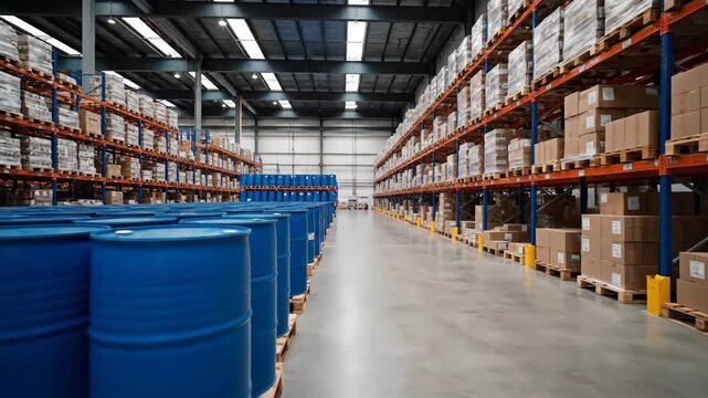 Industrial Warehouse Interior with Stocked Shelves - This video showcases the interior of a large industrial warehouse, filled with rows of metal shelves stocked with boxes and pallets.
