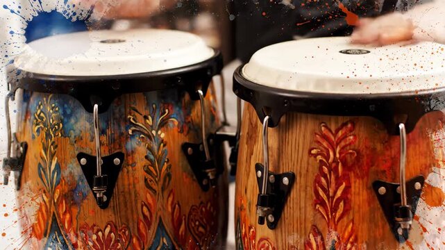 Colorful Conga Drums Close-up - A close-up shot shows two wooden conga drums with detailed colorful artwork. Hands are blurred in the background suggesting someone is playing them.