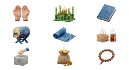 Islamic Icons Collection: Mosque, Quran, Prayer Mat, Dates, Prayer Beads, Charity