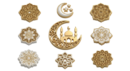 Islamic Ramadan Decorations: Golden Crescent Moon Mosque, Stars, and Ornate Mandalas