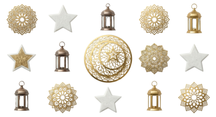 Ramadan Decorations: Golden Ornaments, Stars, and Lanterns on White Background