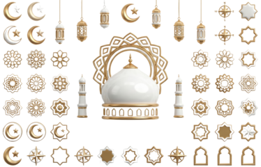 Islamic Geometric Patterns, Crescent Moon, Star, Mosque Dome, Ramadan Kareem Design Elements