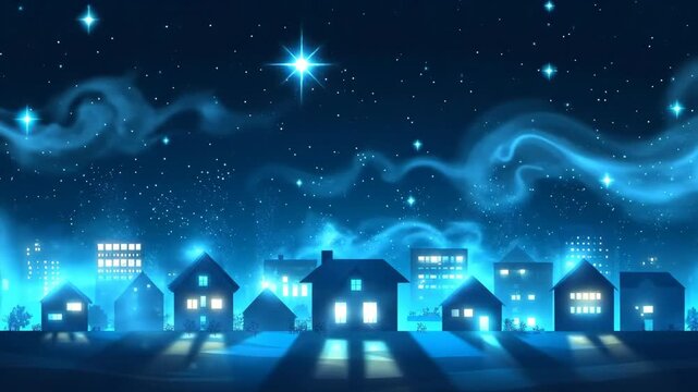 Night sky with twinkling stars over houses in city silhouette. Celestial background for winter holiday season animation or new year greeting card.