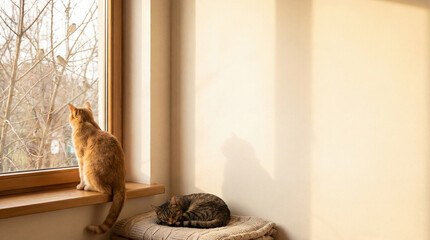 Cats lounge by sunny window. Ginger cat watches birds outside, sleeping cat on knitted blanket, warm light, cozy home scene for International Cat Day, pet adoption campaign, winter comfort concept