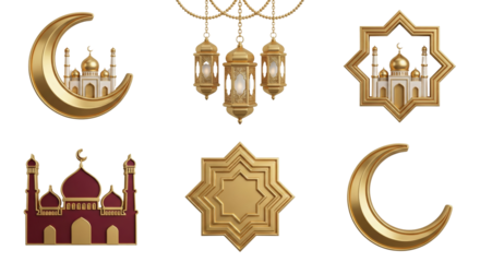 Islamic Symbols: Crescent Moon, Mosques, Star, Lanterns - Ramadan Kareem, Eid Mubarak