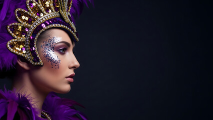 Stunning profile of a woman in a luxury carnival headpiece adorned with purple feathers, gold sequins, and glitter makeup. Fashion Portrait.