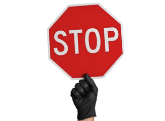 Hand holding red stop sign isolated on transparent background
