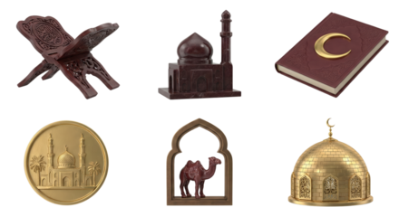 Islamic Symbols Collection: Quran, Mosque, Camel, Crescent Moon, Gold Coin