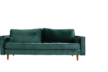 Modern teal velvet sofa with wooden legs isolated on transparent background