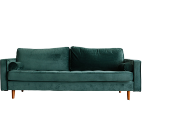 Modern teal velvet sofa with wooden legs isolated on transparent background