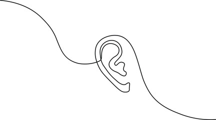 Continuous one line drawing of a human ear icon. Minimalist medical symbol for hearing and audiology. Simple black line art on white background.