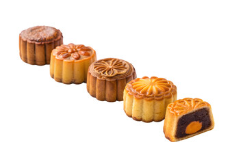 Assorted traditional Chinese mooncakes with intricate designs and fillings