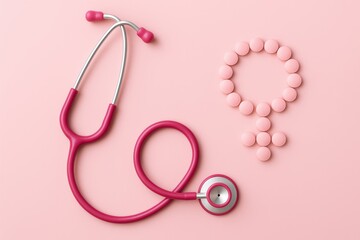 Fototapeta premium Healthcare Harmony: A stethoscope elegantly placed alongside pills forming the symbol for female, symbolizing healthcare and well-being.