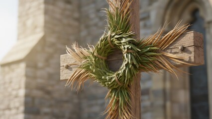 Christian wooden cross with a palm braided wreath. Religious symbol for Easter and Lent, representing faith and sacrifice.