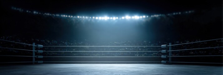 Boxing ring under bright lights in empty arena