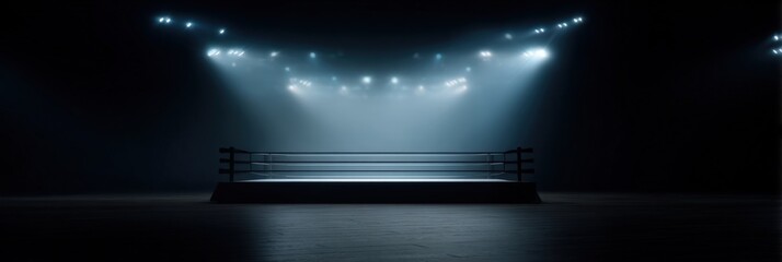 Dimly lit boxing ring under spotlights with atmospheric ambience in dark arena