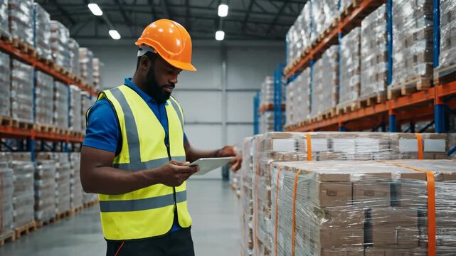 Warehouse Inventory Check - An African American warehouse worker wearing a hard hat and safety vest inspects packed boxes on a pallet. He is using a tablet to take inventory.
