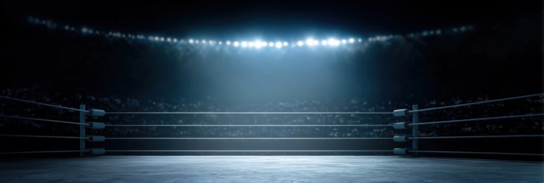 Boxing ring under bright lights in empty arena - Powered by Adobe