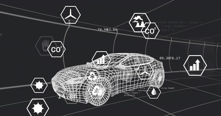 Showing wireframe car model moving inside simulated tunnel, with hex icons and numeric overlays
