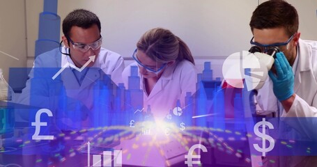 Leaning lab tech in lab coats, blue gloves, guiding at bench, using scope, showing currency overlay