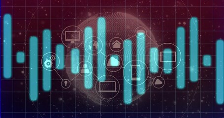 Animating central cyan or teal bars and circular tech nodes on virtual dashboard, with globe grid do