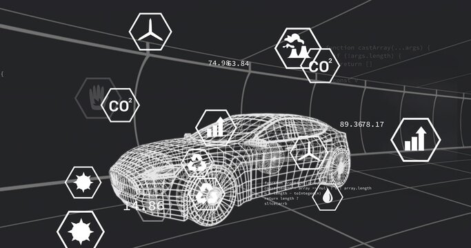 Showing wireframe car model moving inside simulated tunnel, with hex icons and numeric overlays - Powered by Adobe
