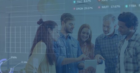 Pointing team in casual business wear working around tablet at office with finger taps on overlays