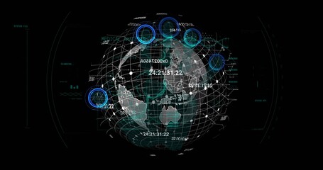 Displaying 3D globe rotating on dark HUD showing wireframe, network nodes, cyan markers, timestamps