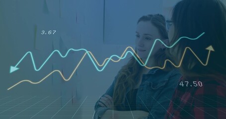 Pair wearing denim and plaid reviewing sticky notes in office with line charts, glasses, copy space