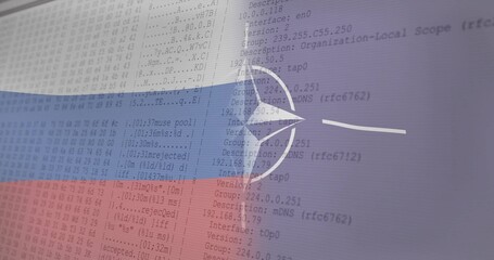 Showing muted tricolor flag with compass pointing right in digital composite with hex dump and logs