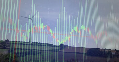 Overlaying translucent market chart covering farmland with candlesticks, trendline and wind turbine
