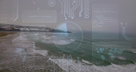 Displaying drone aerial coastline with sandy beach and rocky cliffs left, showing HUD radar